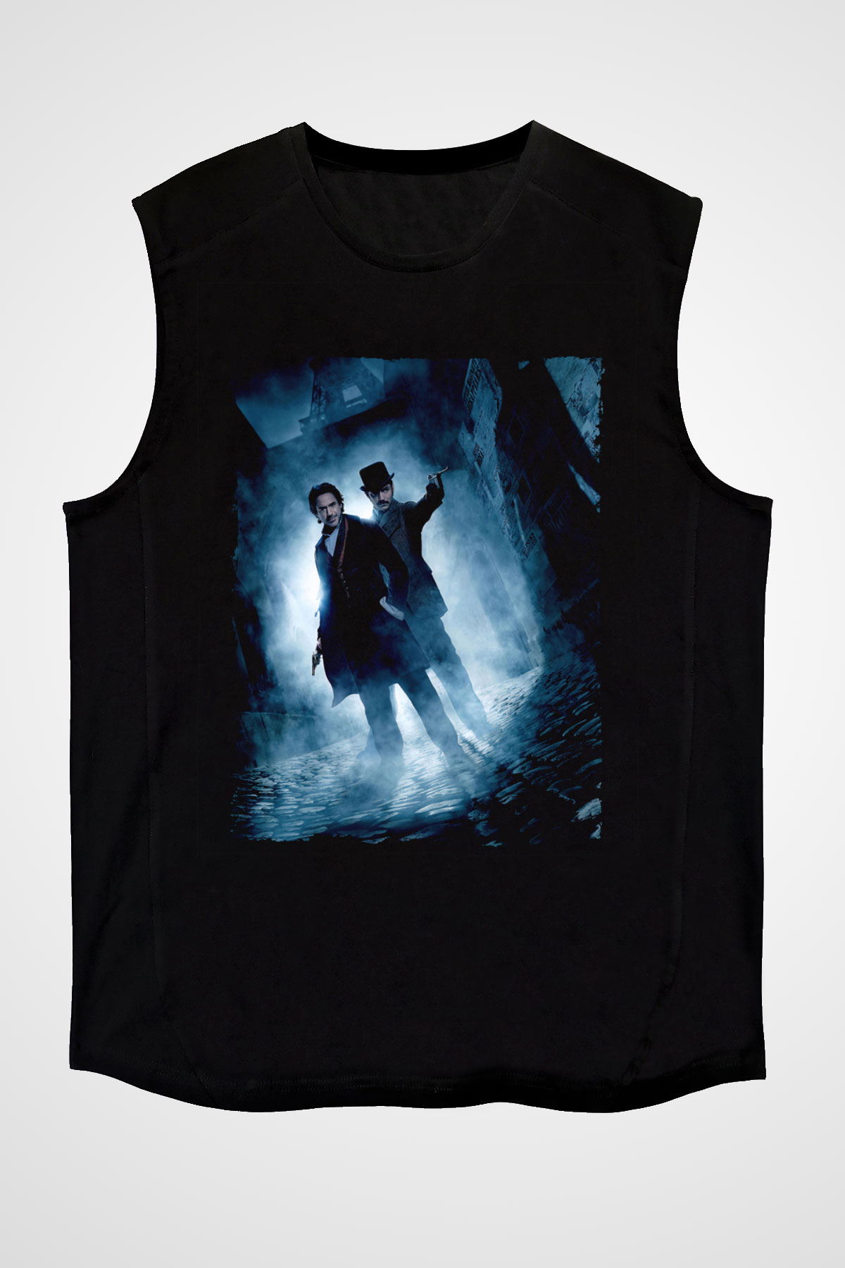 Unisex Sherlock Holmes Gölge Oyunları (Sherlock Holmes A Game of Shadows) Baskılı Siyah Kolsuz T-shirt