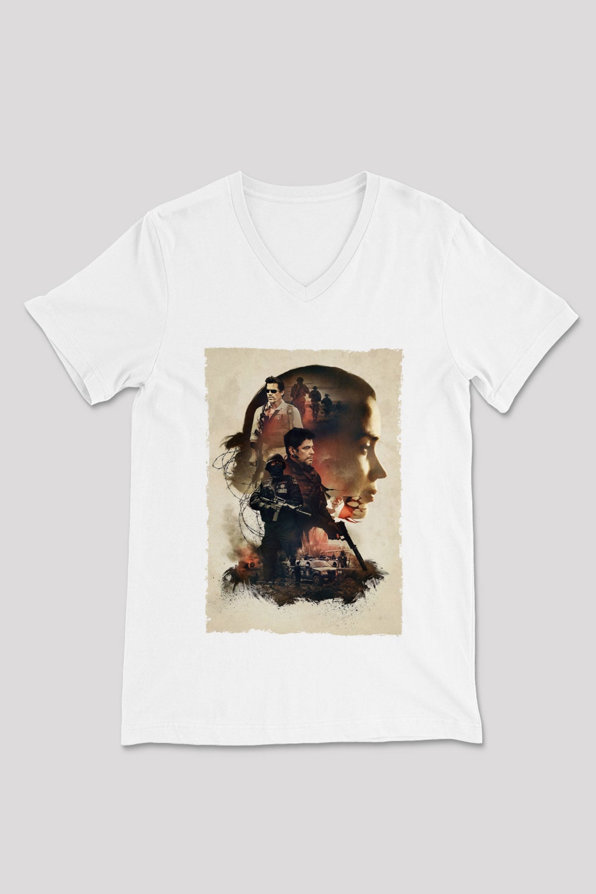 Unisex Sicario Baskılı Beyaz V Yaka Tişört