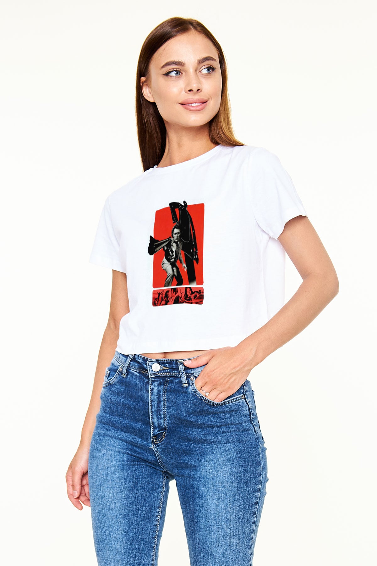 Unisex Silahın Gücü (Magnum Force) Baskılı Beyaz Crop Top Tişört