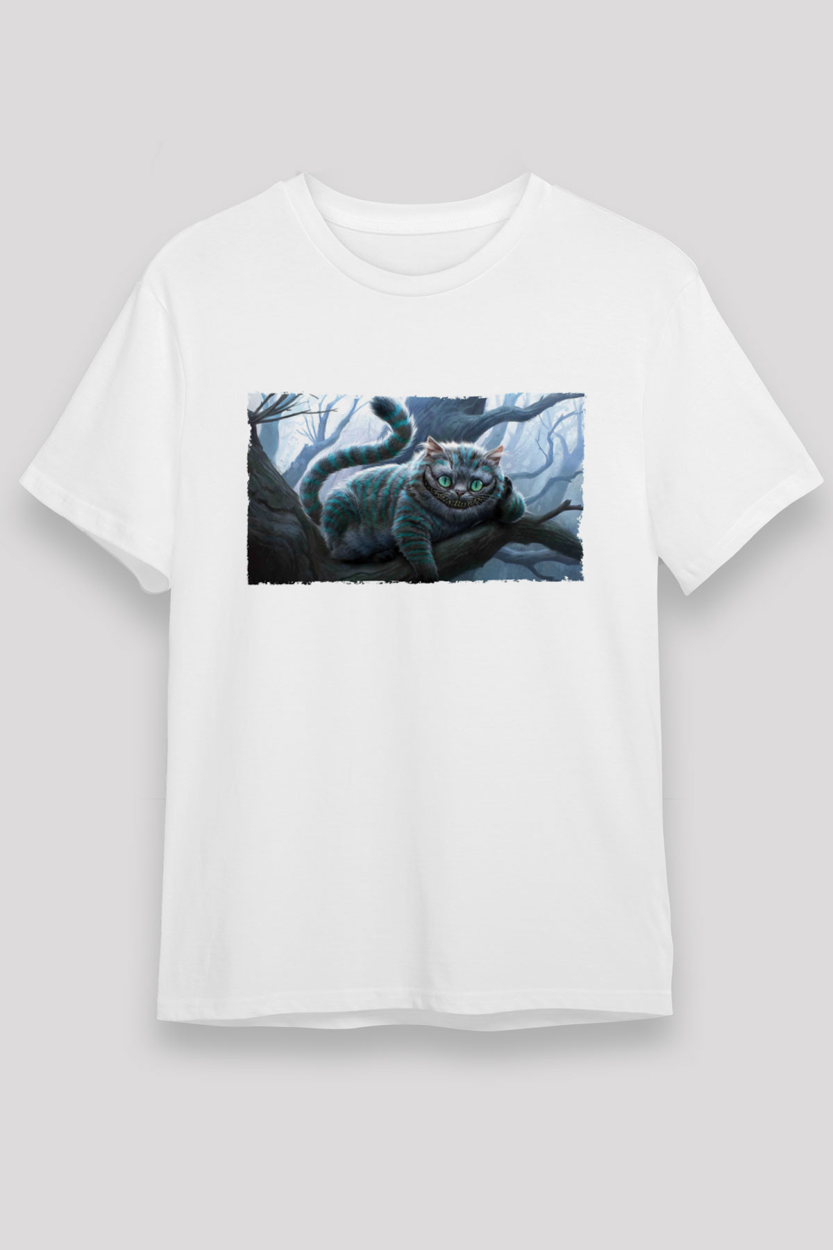 Unisex Sırıtan Kedi - Cheshire Cat Baskılı Beyaz Tişört