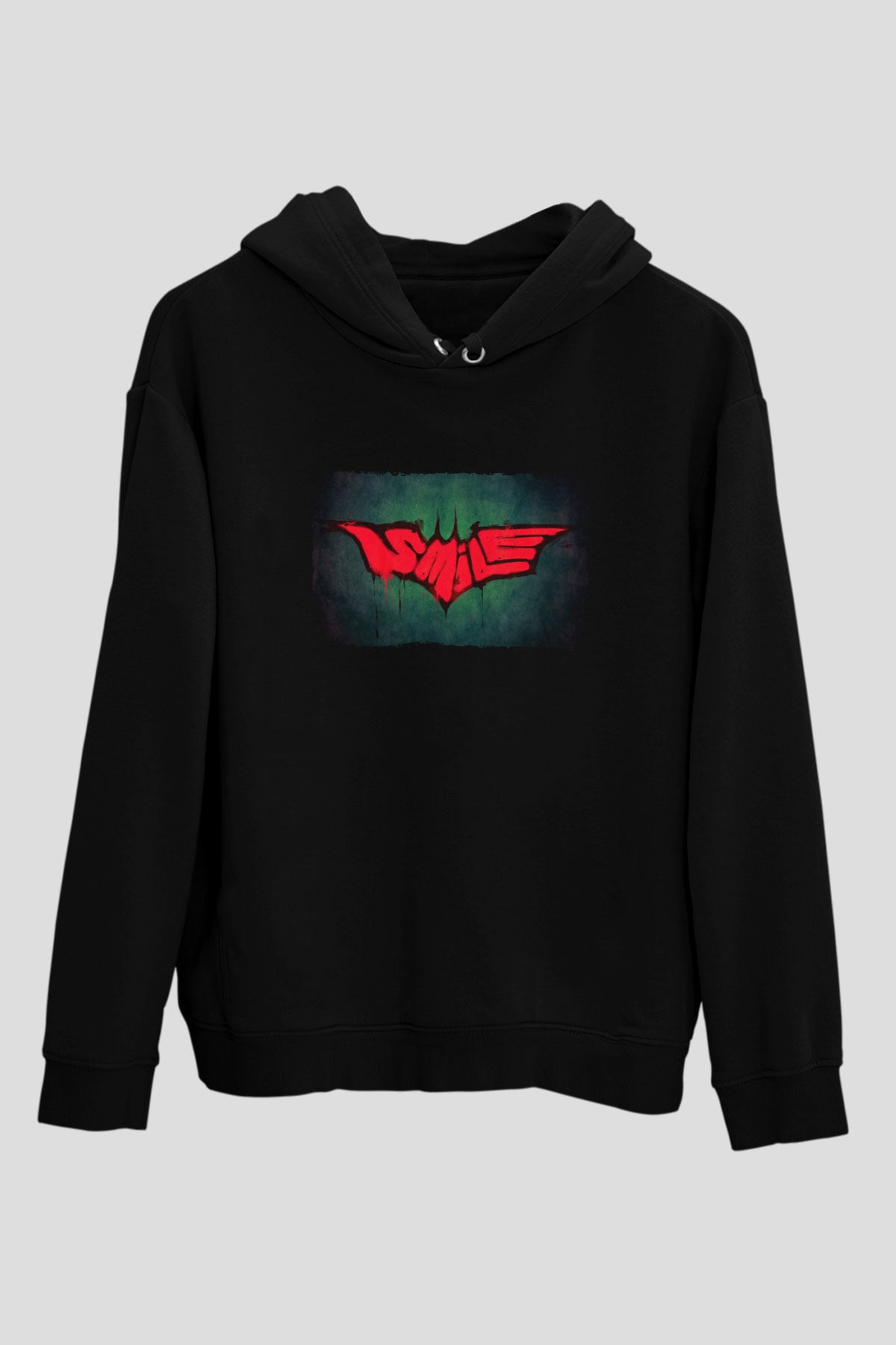 Unisex Smile Baskılı Siyah Kapüşonlu Sweatshirt