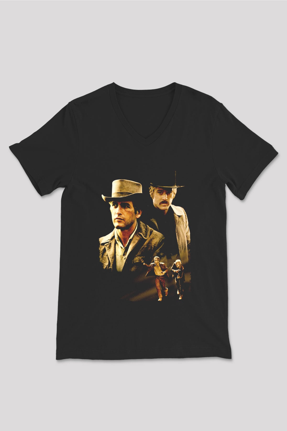 Unisex Sonsuz Ölüm (Butch Cassidy and the Sundance Kid) Baskılı Siyah V Yaka Tişört