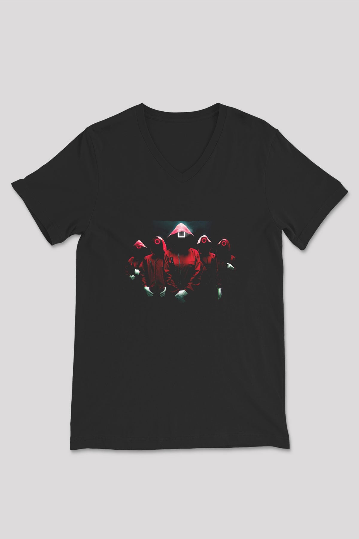 Unisex Squid Game Baskılı Siyah V Yaka T-shirt