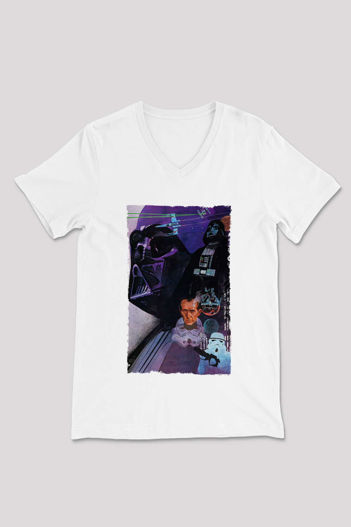 Unisex Star Wars Baskılı Beyaz V Yaka T-shirt