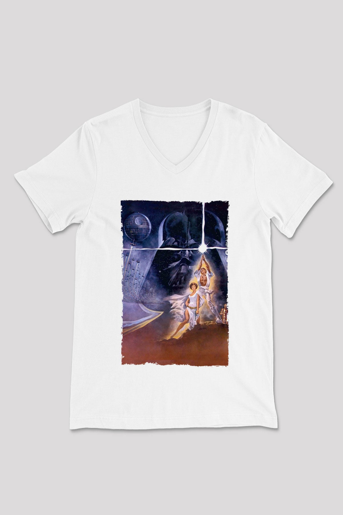 Unisex Star Wars Baskılı Beyaz V Yaka Tshirt