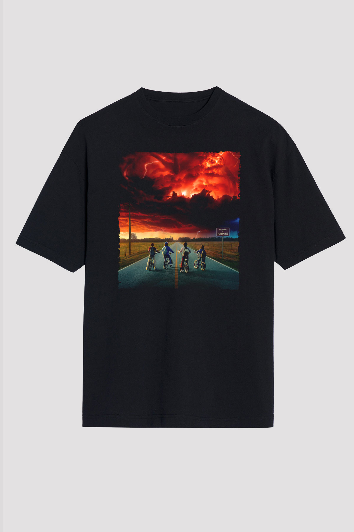 Unisex Stranger Things Baskılı Siyah Oversize T-shirt