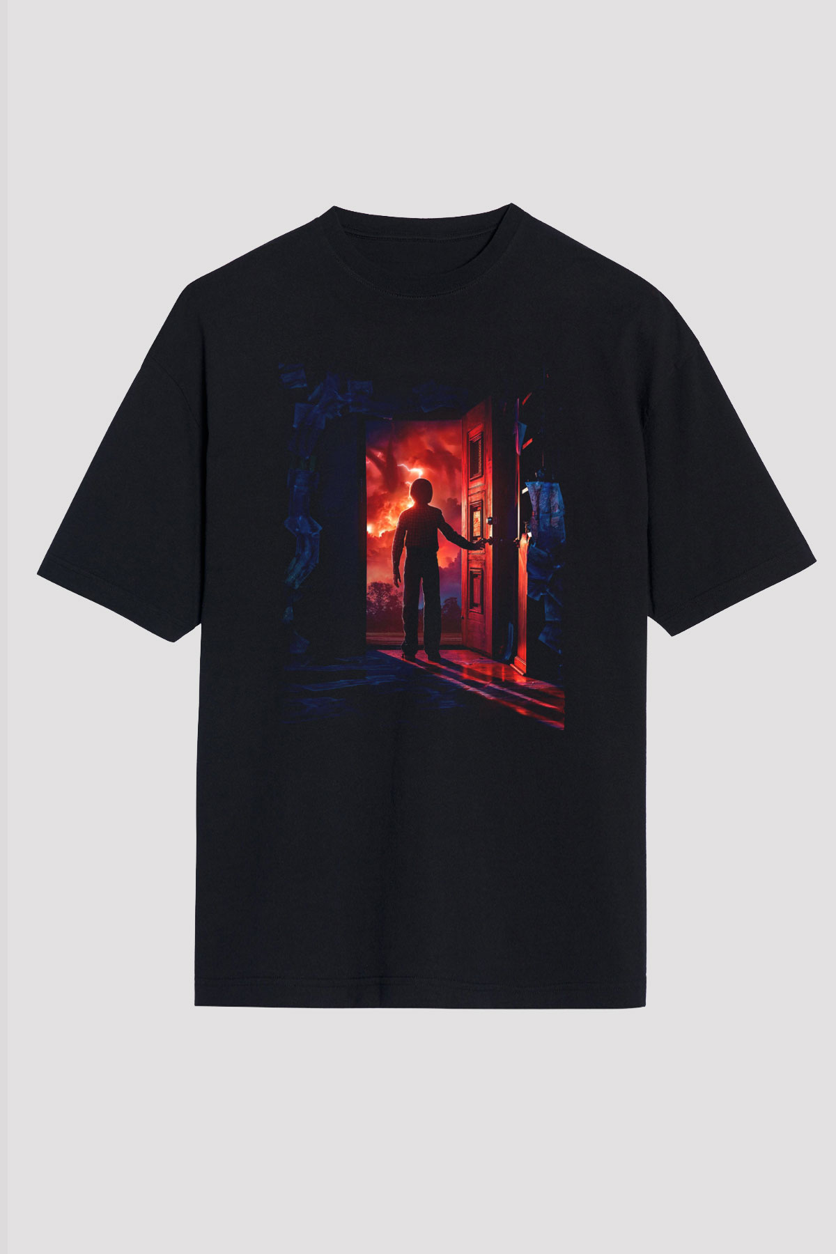 Unisex Stranger Things Baskılı Siyah Oversize Tshirt