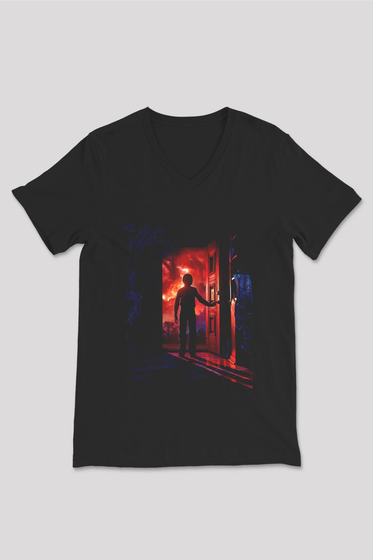 Unisex Stranger Things Baskılı Siyah V Yaka Tshirt