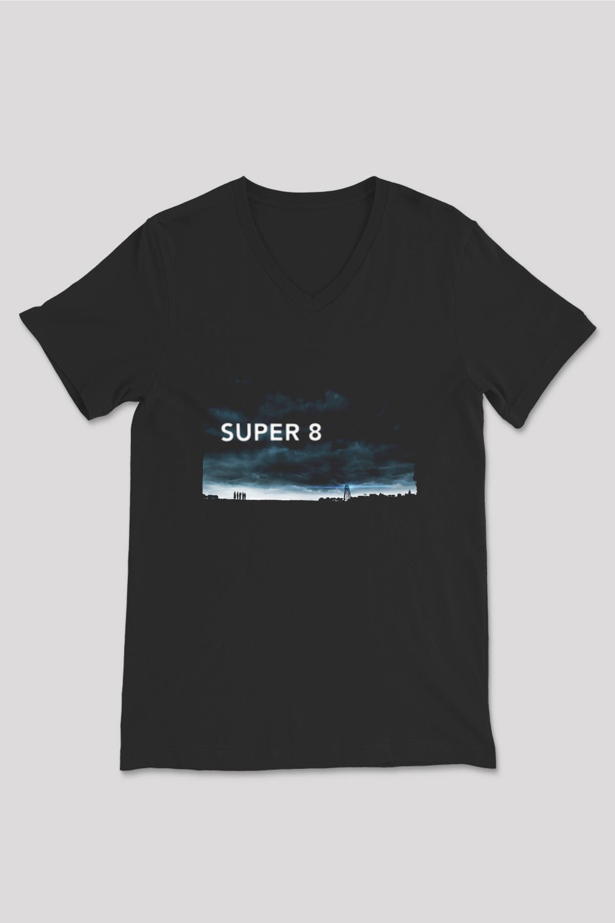 Unisex Super 8 Baskılı Siyah V Yaka T-shirt