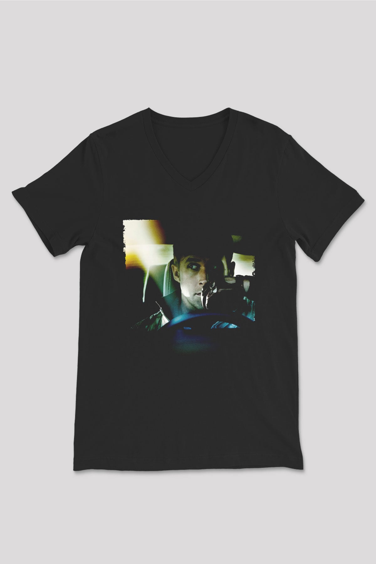 Unisex Sürücü (Drive) Baskılı Siyah V Yaka Tshirt