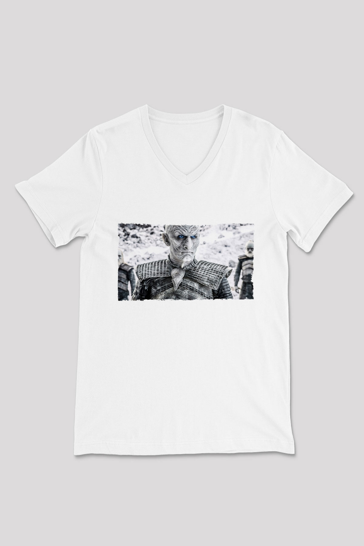 Unisex Taht Oyunları Baskılı Beyaz V Yaka Tshirt
