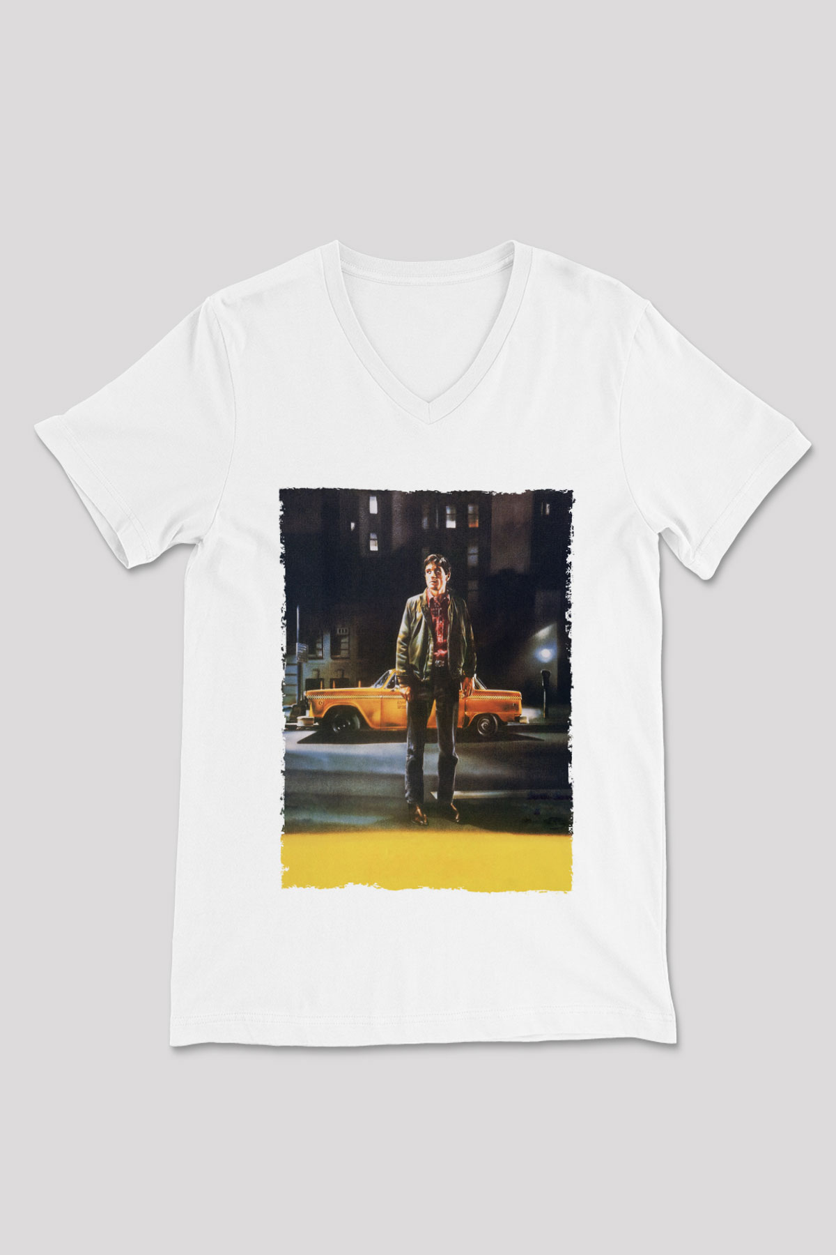 Unisex Taksi Şoförü (Taxi Driver) Baskılı Beyaz V Yaka Tişört