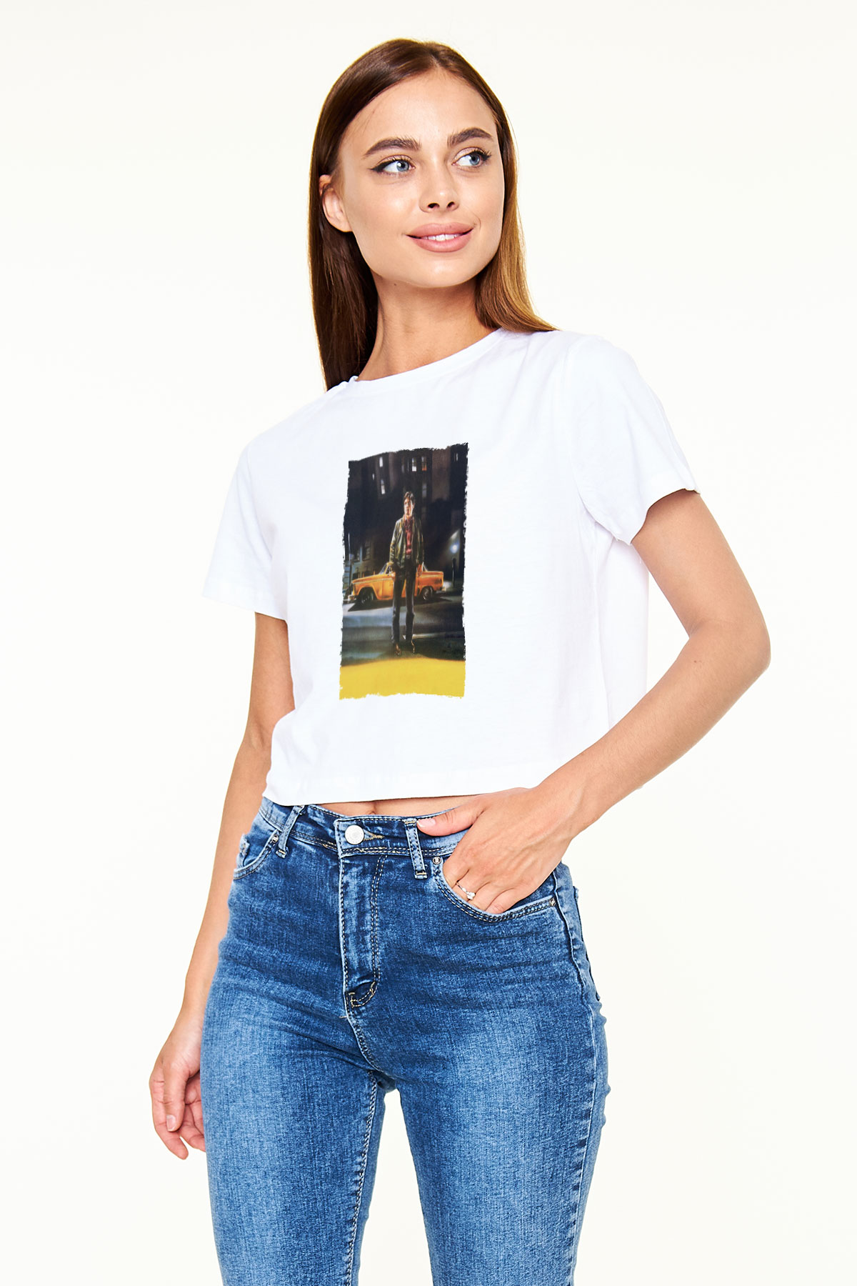 Unisex Taksi Şoförü (Taxi Driver) Baskılı Beyaz Crop Top Tişört