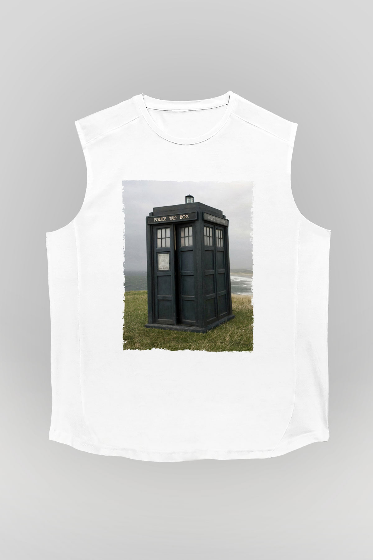 Unisex Tardis - Doctor Who Baskılı Beyaz Kolsuz Tshirt