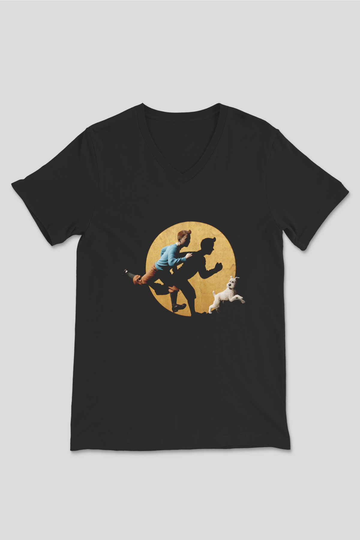 Unisex Tenten'in Maceraları (The Adventures of Tintin) Baskılı Siyah V Yaka T-shirt