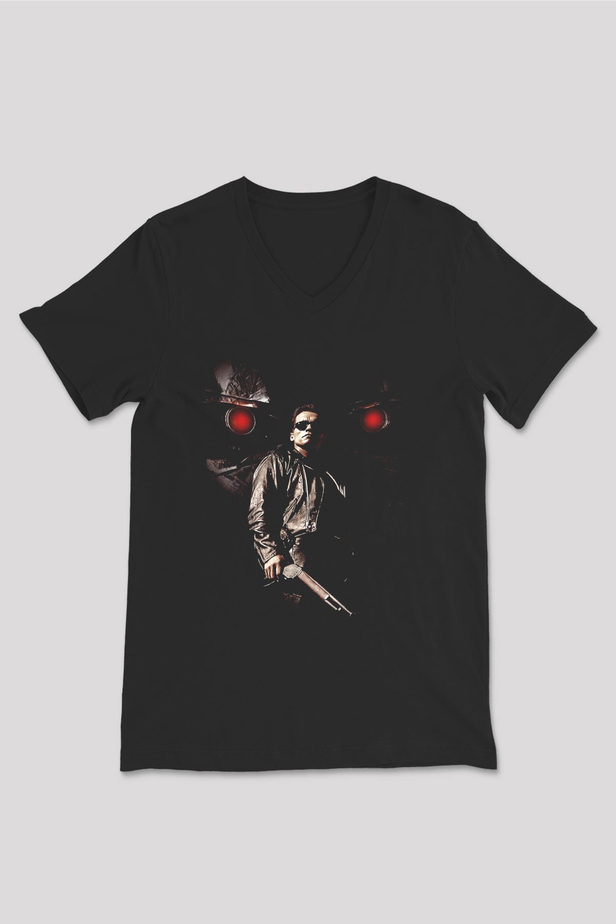 Unisex Terminatör 2 Kıyamet Günü (Terminator 2 Judgment Day) Baskılı Siyah V Yaka T-shirt