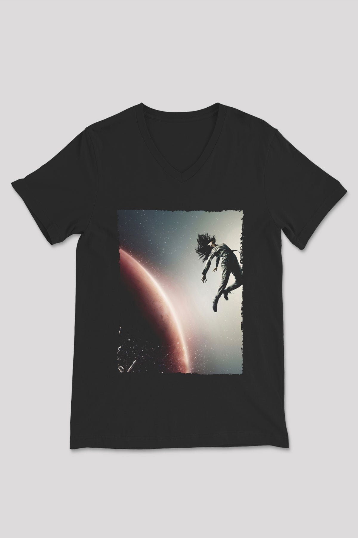 Unisex The Expanse Baskılı Siyah V Yaka Tshirt
