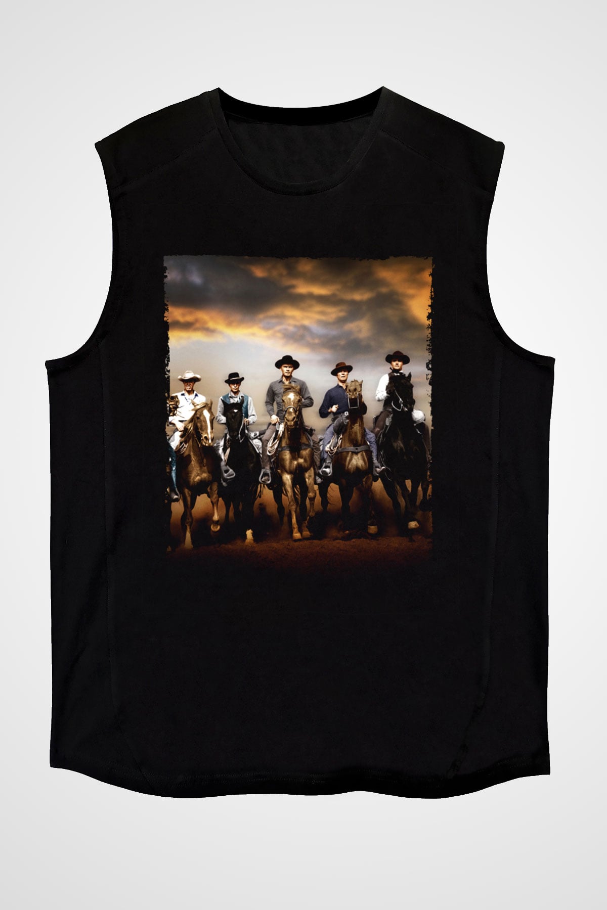 Unisex The Magnificent Seven Baskılı Siyah Kolsuz T-shirt