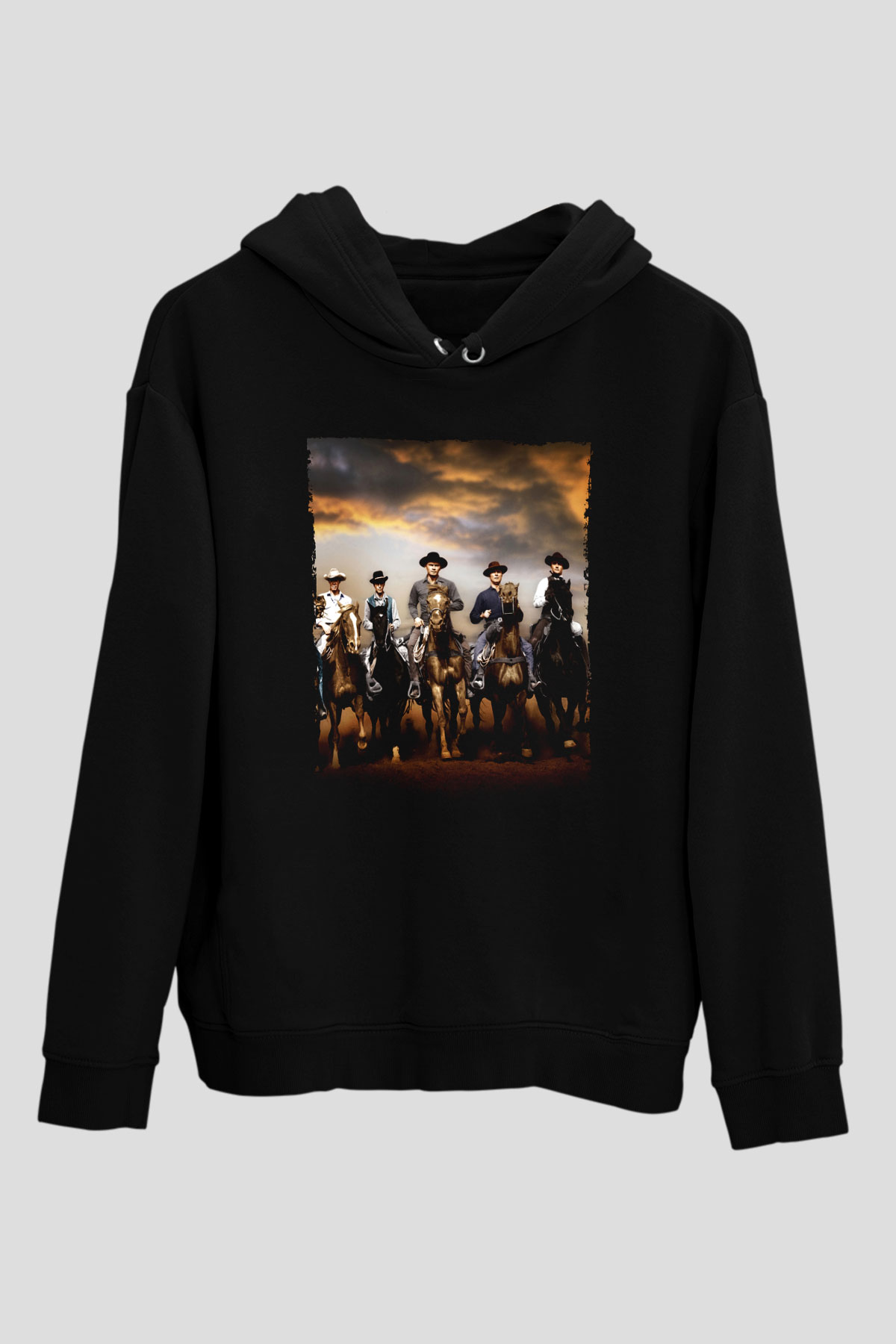 Unisex The Magnificent Seven Baskılı Siyah Kapüşonlu Sweatshirt