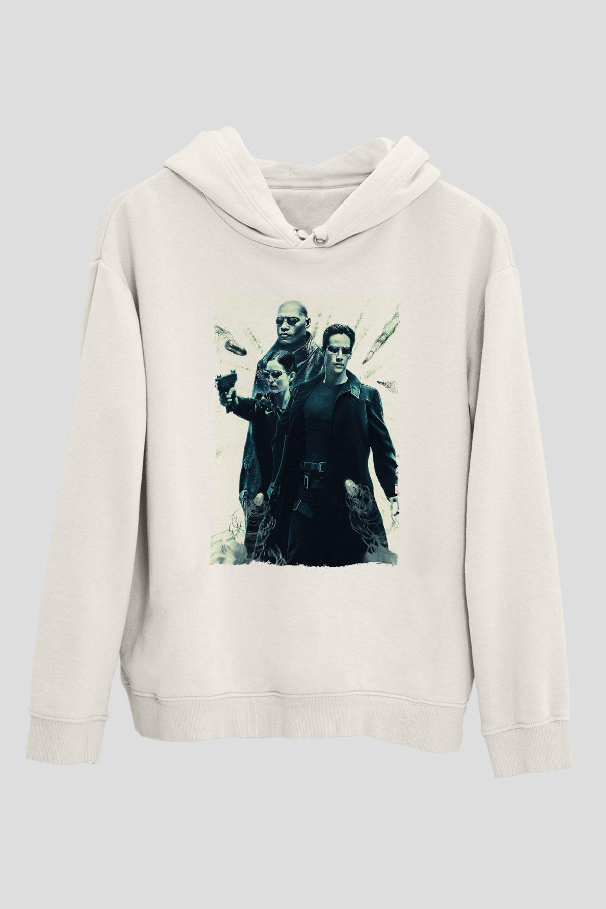 Unisex The Matrix Baskılı Beyaz Kapüşonlu Sweatshirt