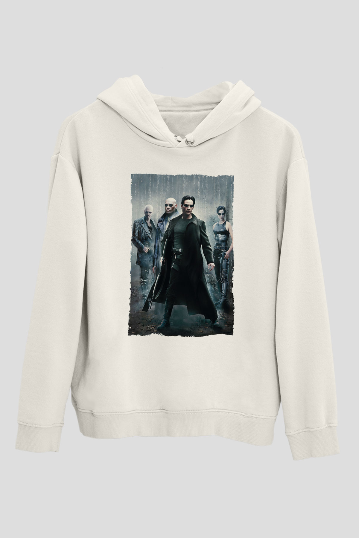 Unisex The Matrix Baskılı Beyaz Kapüşonlu Sweatshirt