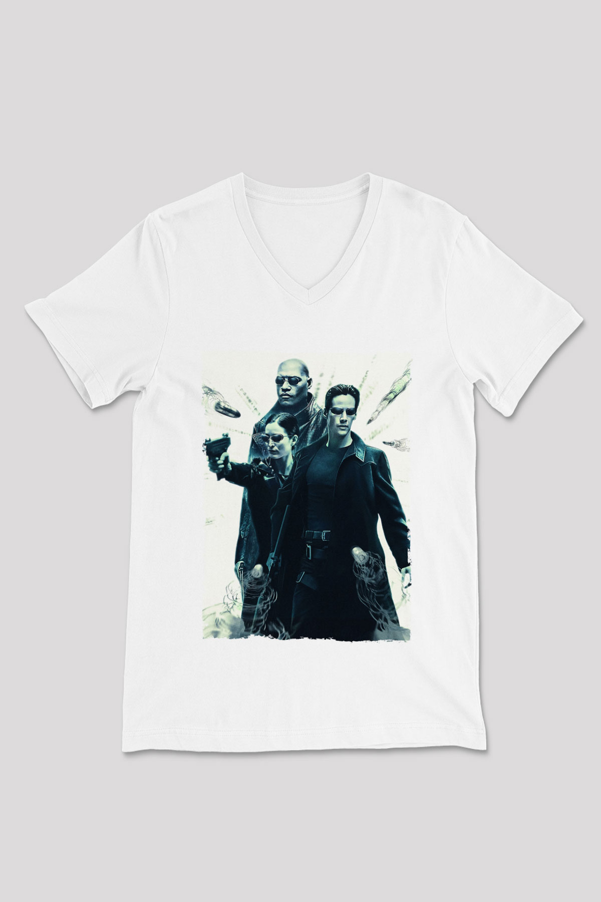 Unisex The Matrix Baskılı Beyaz V Yaka Tshirt