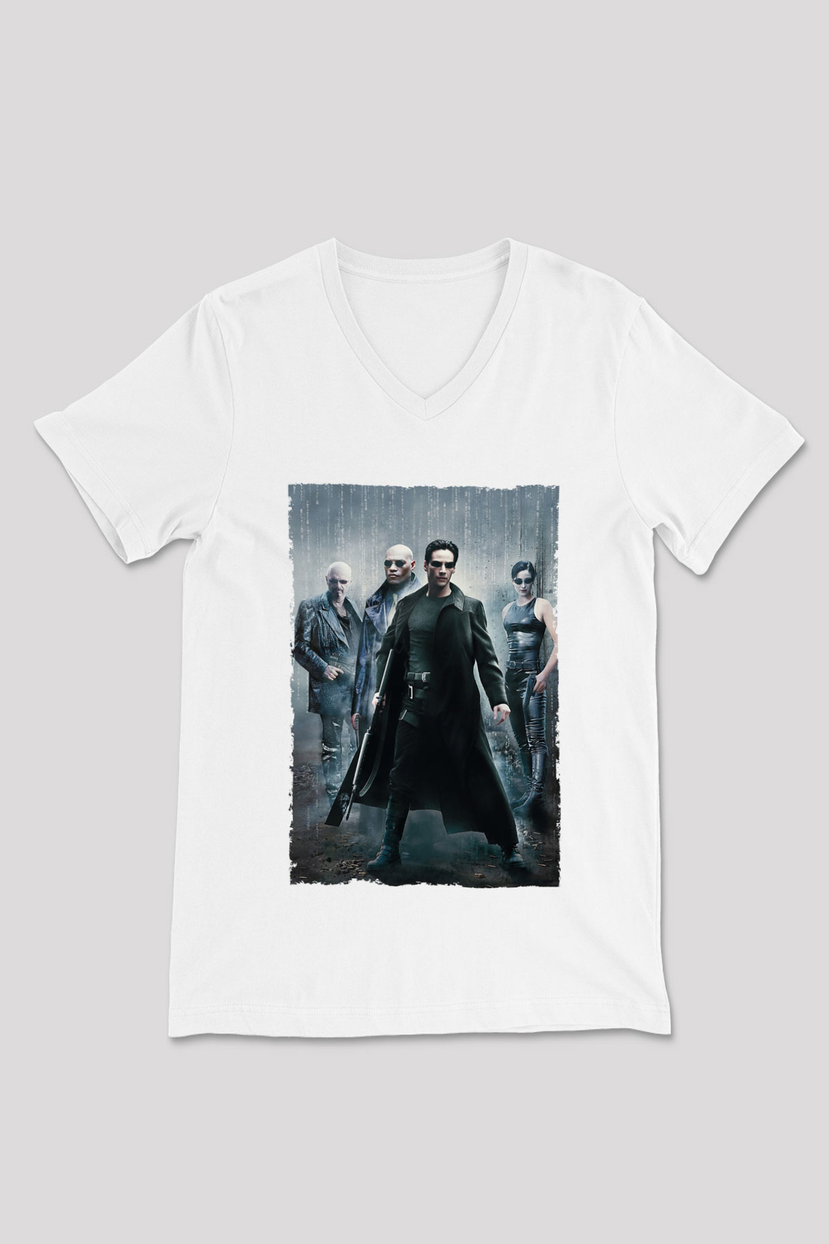 Unisex The Matrix Baskılı Beyaz V Yaka T-shirt