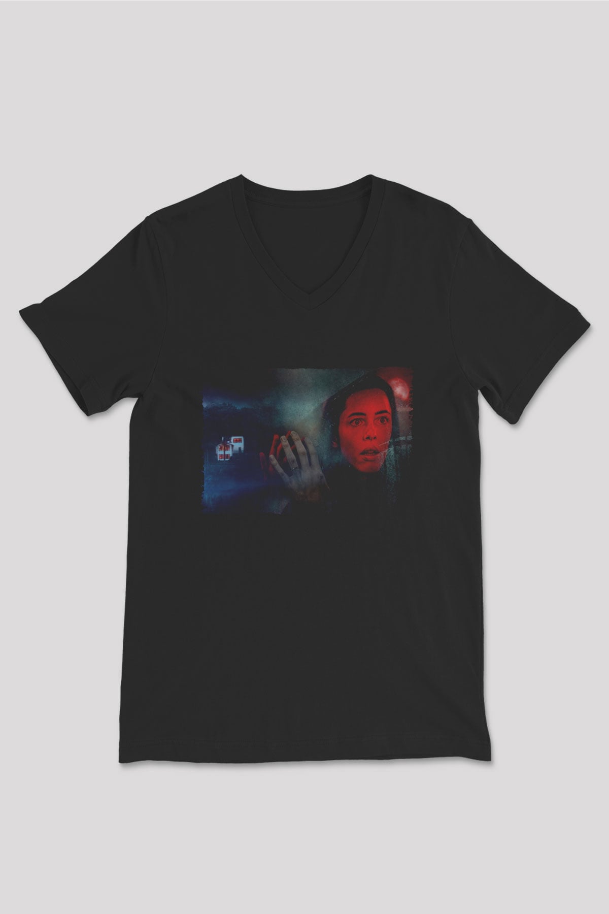 Unisex The Night House Baskılı Siyah V Yaka Tişört