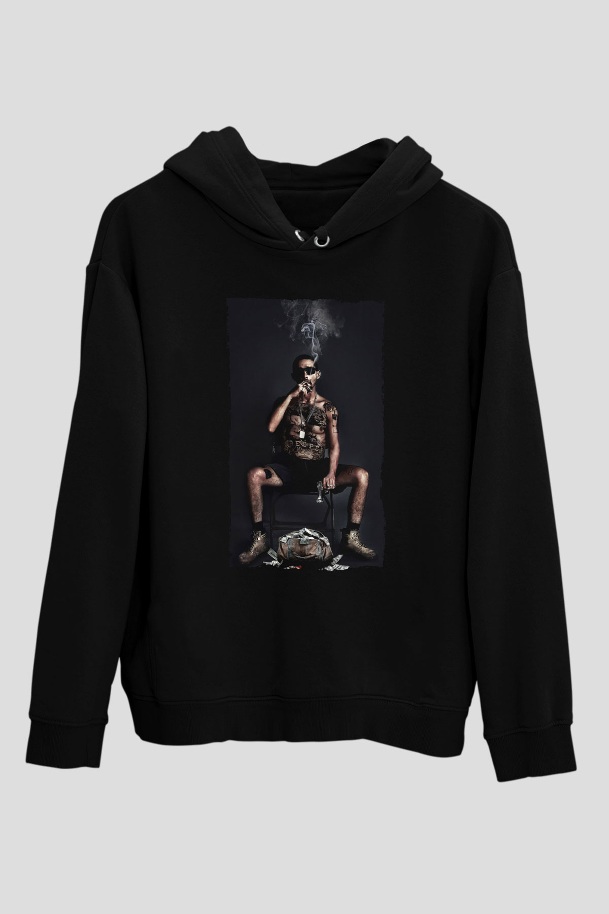 Unisex The Tax Collector Baskılı Siyah Kapüşonlu Sweatshirt