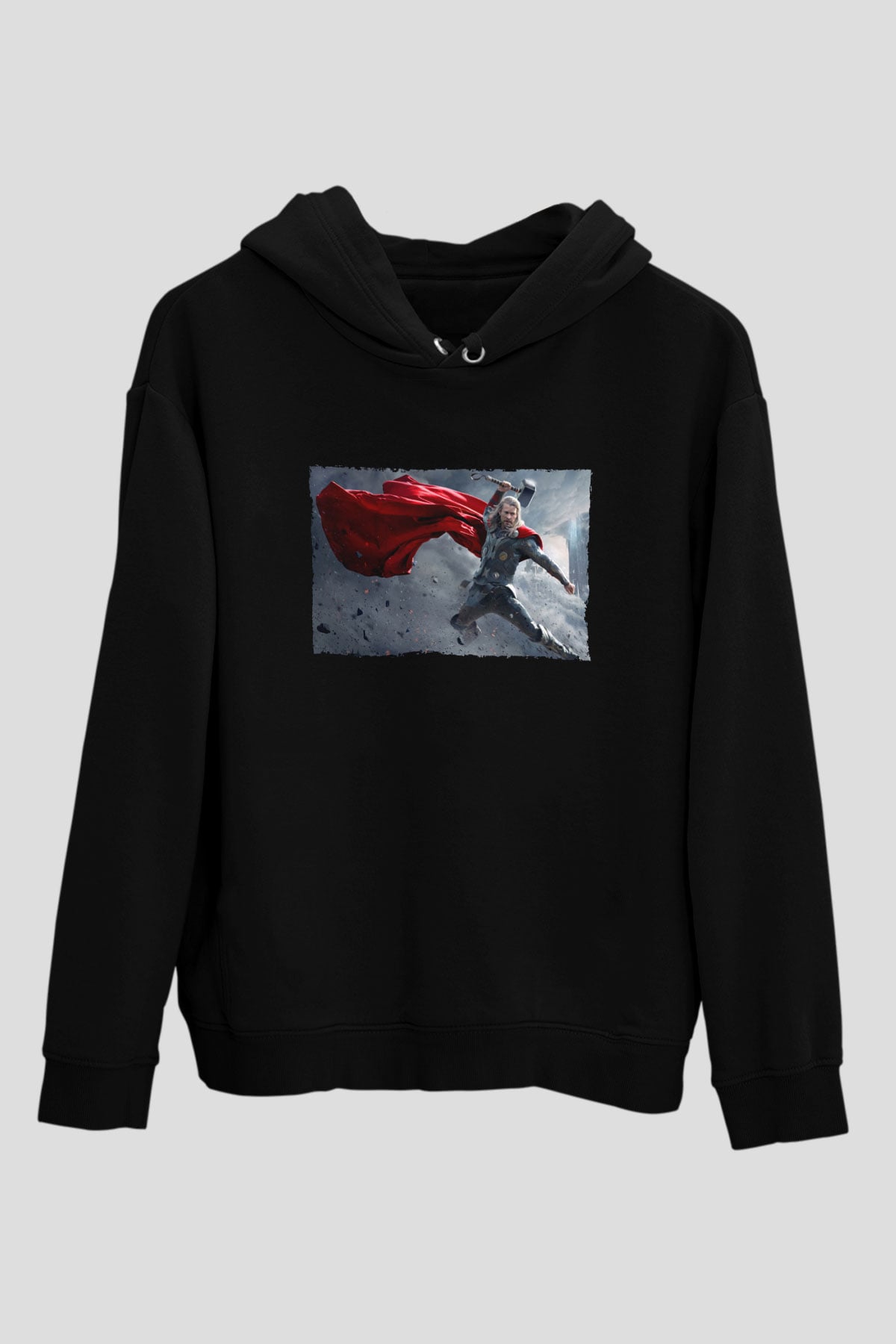 Unisex Thor The Dark World Baskılı Siyah Kapüşonlu Sweatshirt