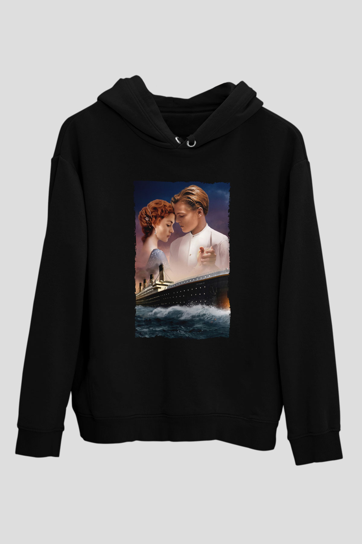 Unisex Titanic Baskılı Siyah Kapüşonlu Sweatshirt