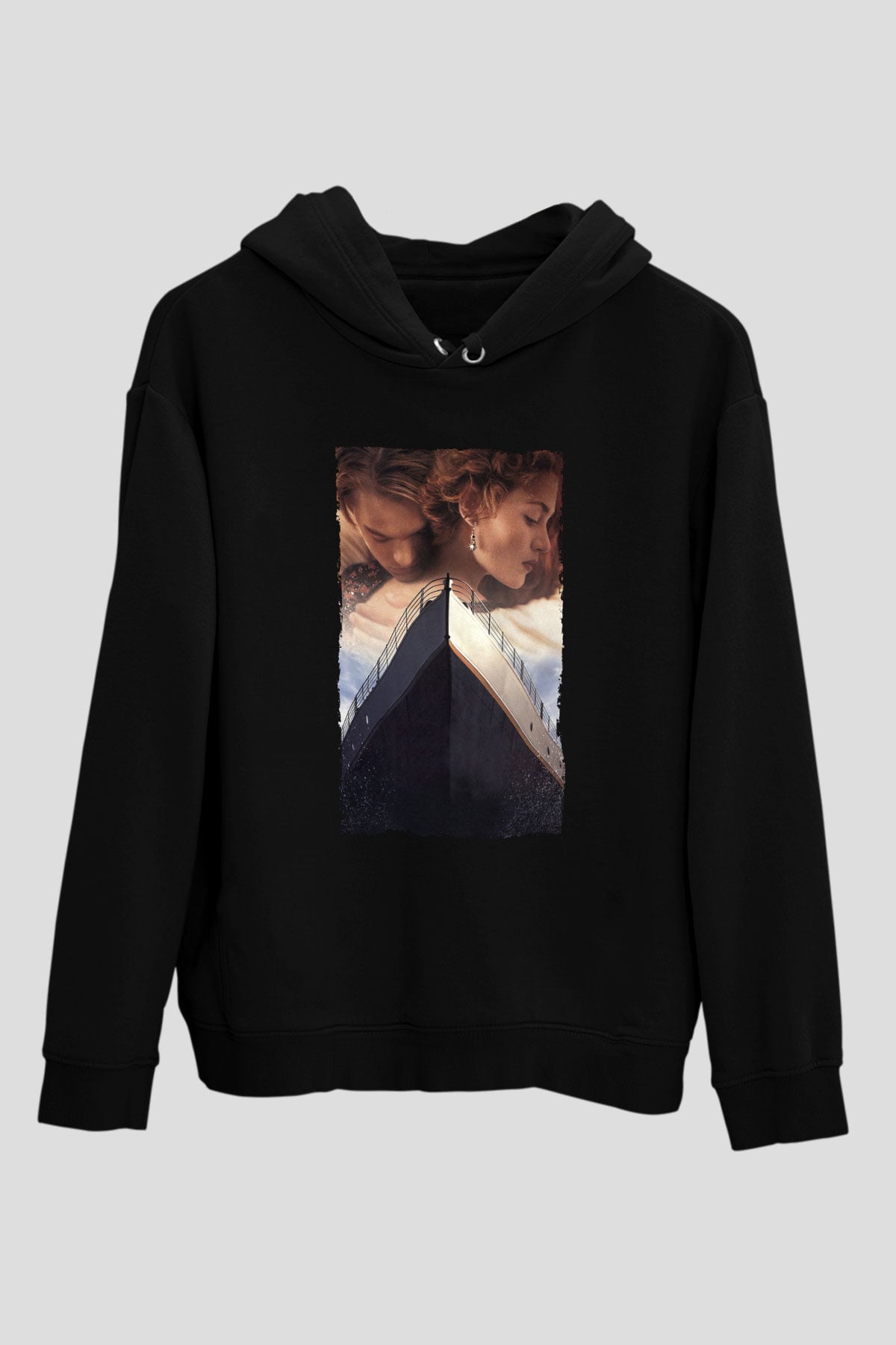 Unisex Titanic Baskılı Siyah Kapüşonlu Sweatshirt