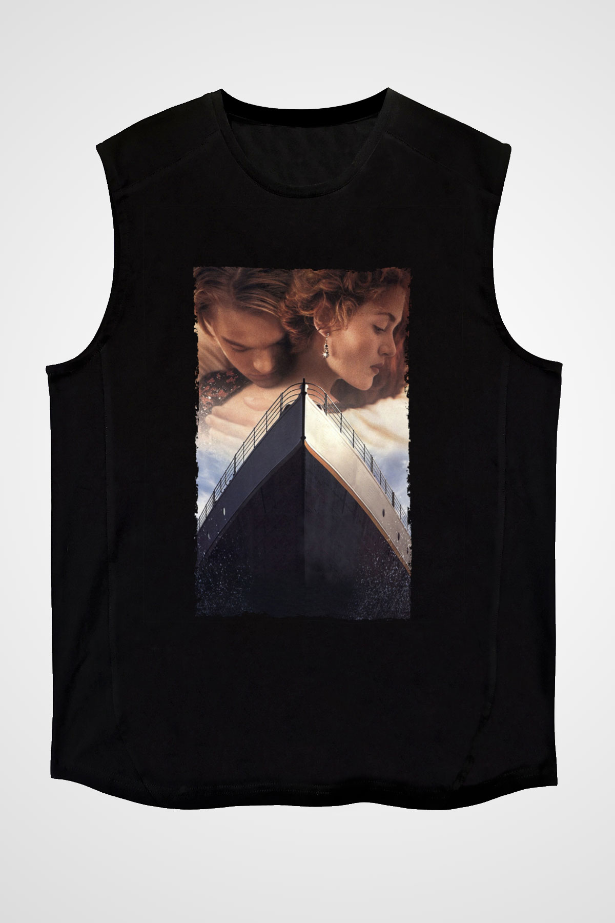 Unisex Titanic Baskılı Siyah Kolsuz Tshirt