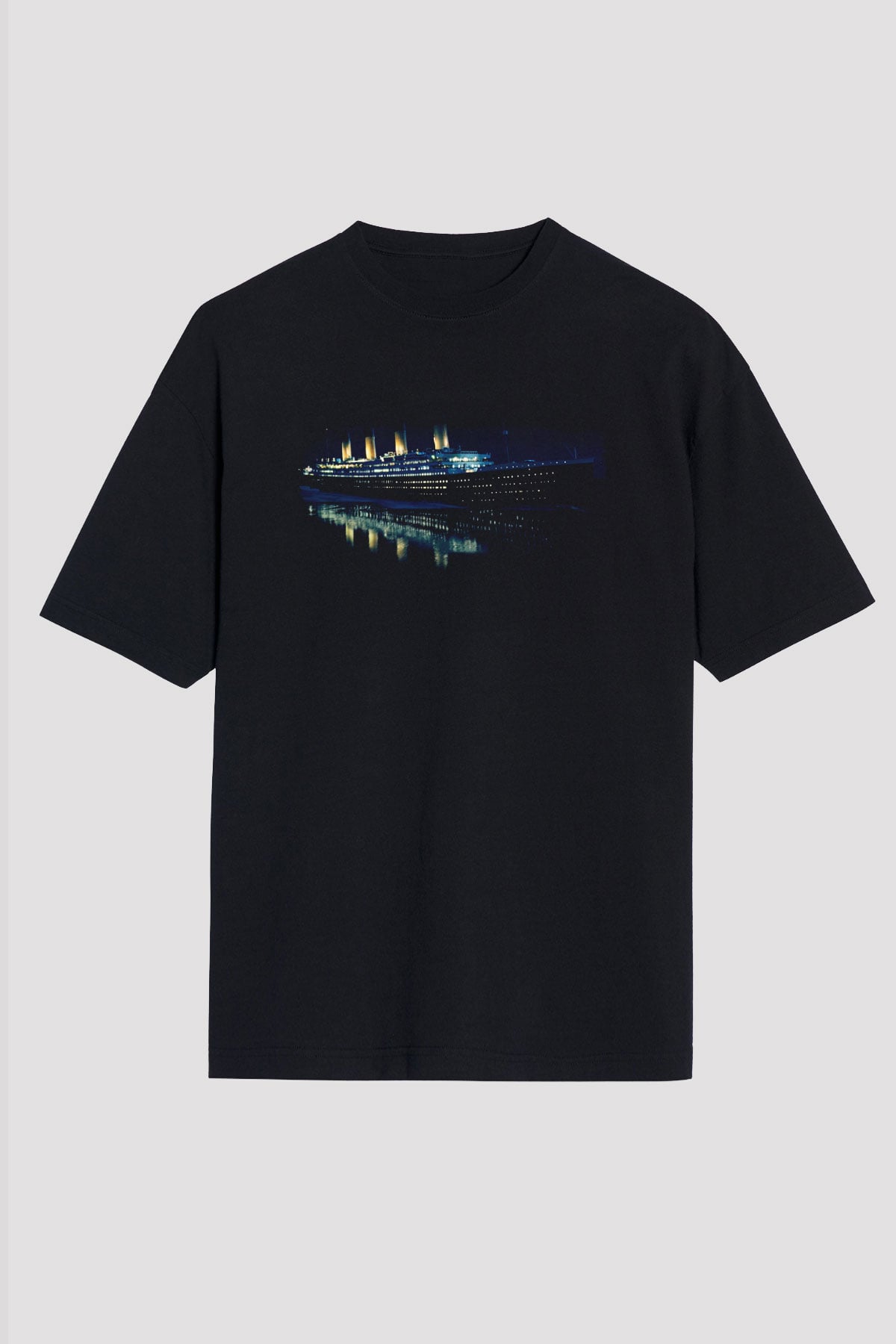 Unisex Titanic Baskılı Siyah Oversize Tişört