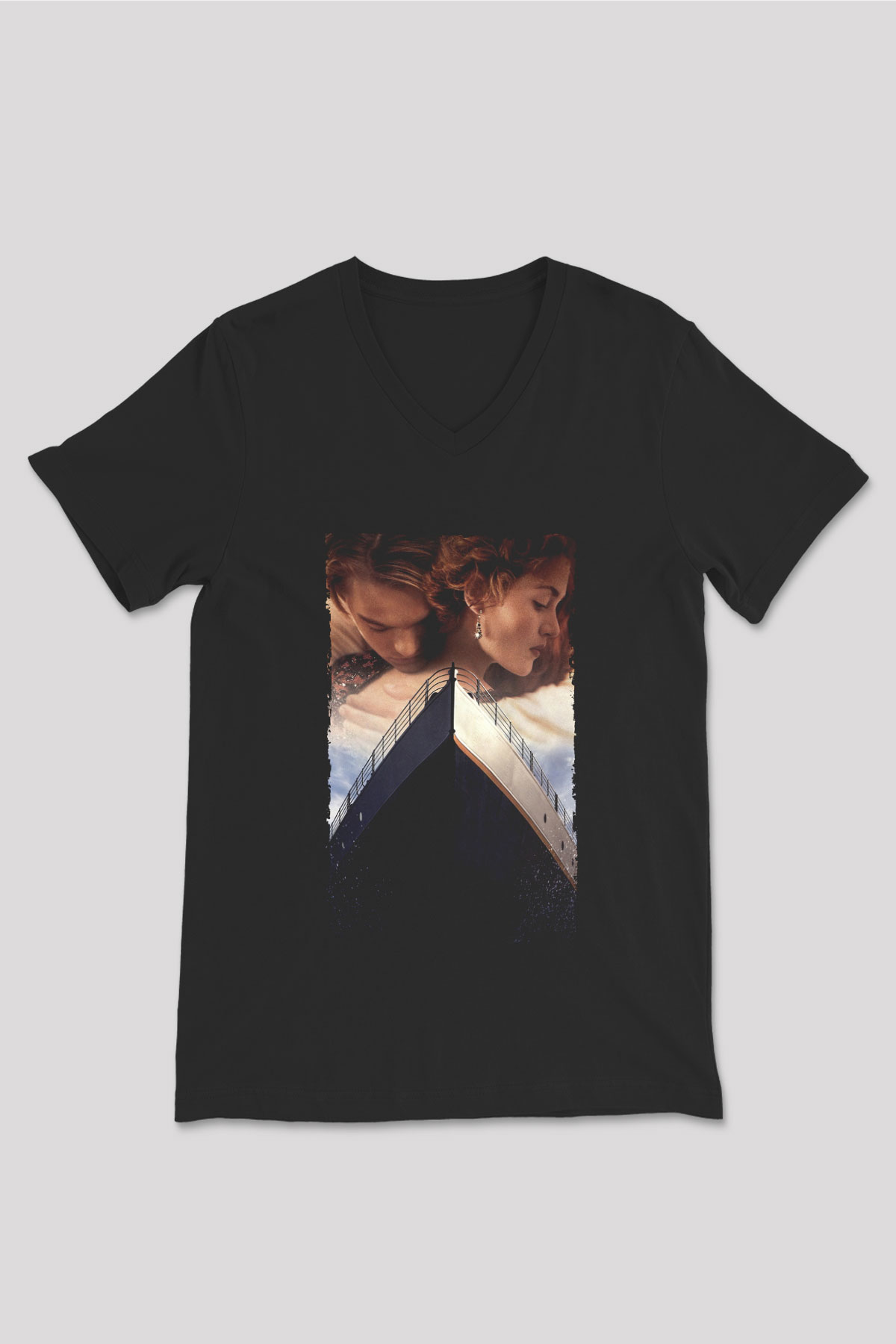 Unisex Titanic Baskılı Siyah V Yaka Tshirt