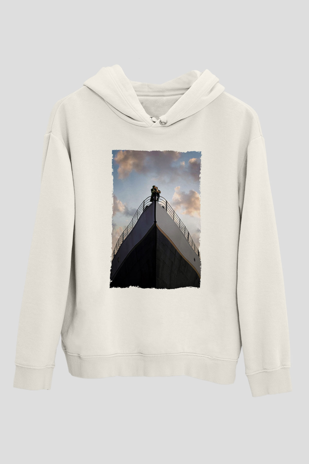 Unisex Titanik Baskılı Beyaz Kapüşonlu Sweatshirt
