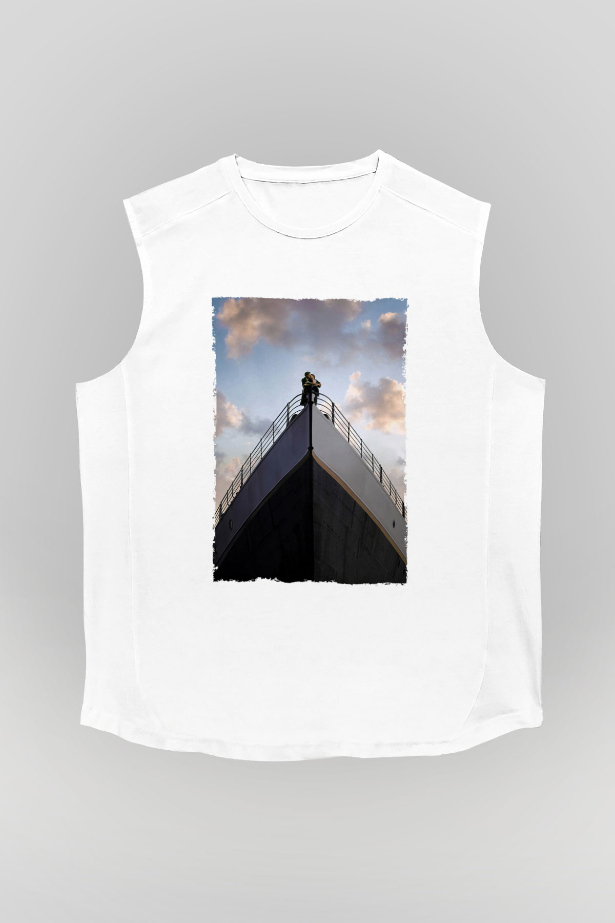 Unisex Titanik Baskılı Beyaz Kolsuz T-shirt