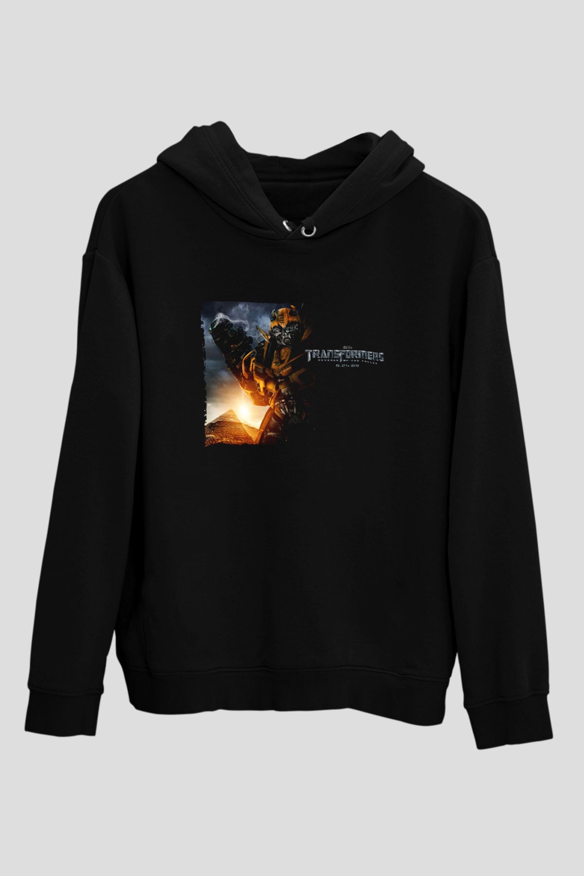 Unisex Transformers 2 Baskılı Siyah Kapüşonlu Sweatshirt
