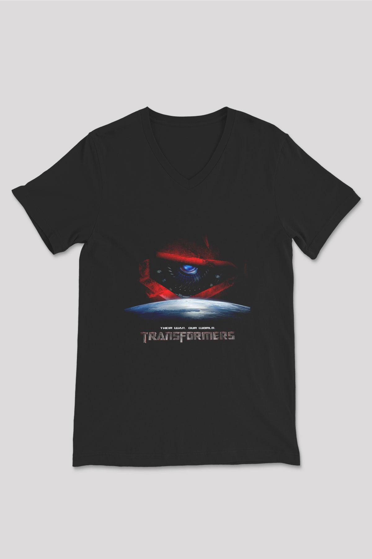 Unisex Transformers 3 Baskılı Siyah V Yaka T-shirt