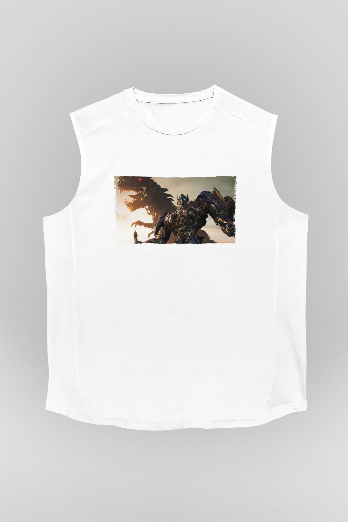 Unisex Transformers Baskılı Beyaz Kolsuz Tişört