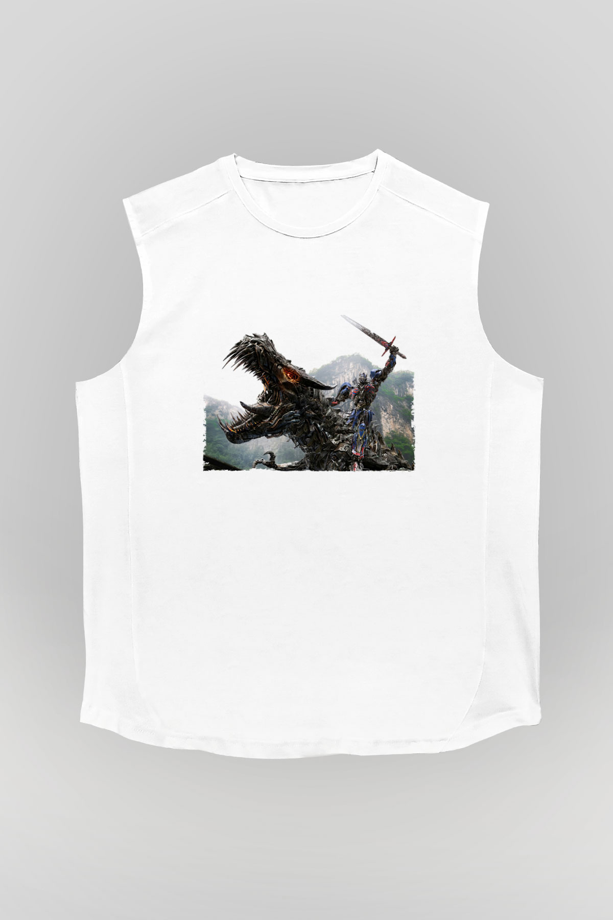 Unisex Transformers Baskılı Beyaz Kolsuz T-shirt