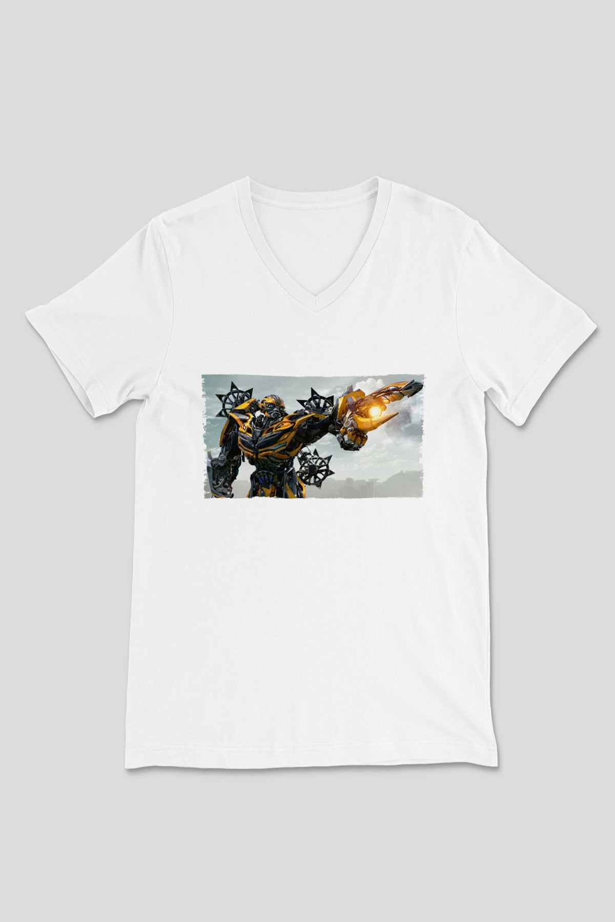 Unisex Transformers Baskılı Beyaz V Yaka Tshirt