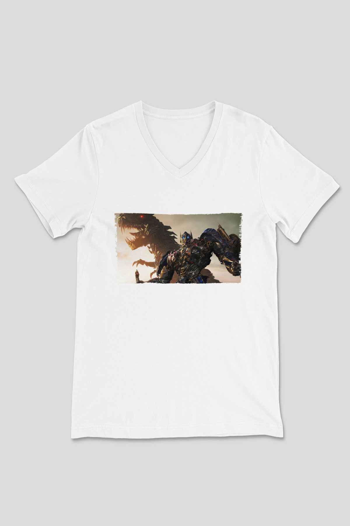 Unisex Transformers Baskılı Beyaz V Yaka Tişört