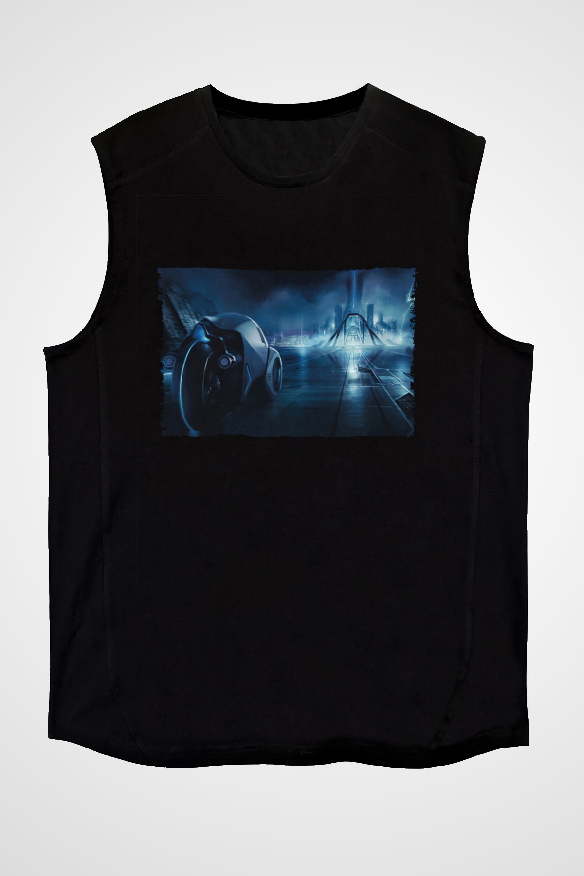 Unisex Tron Baskılı Siyah Kolsuz T-shirt