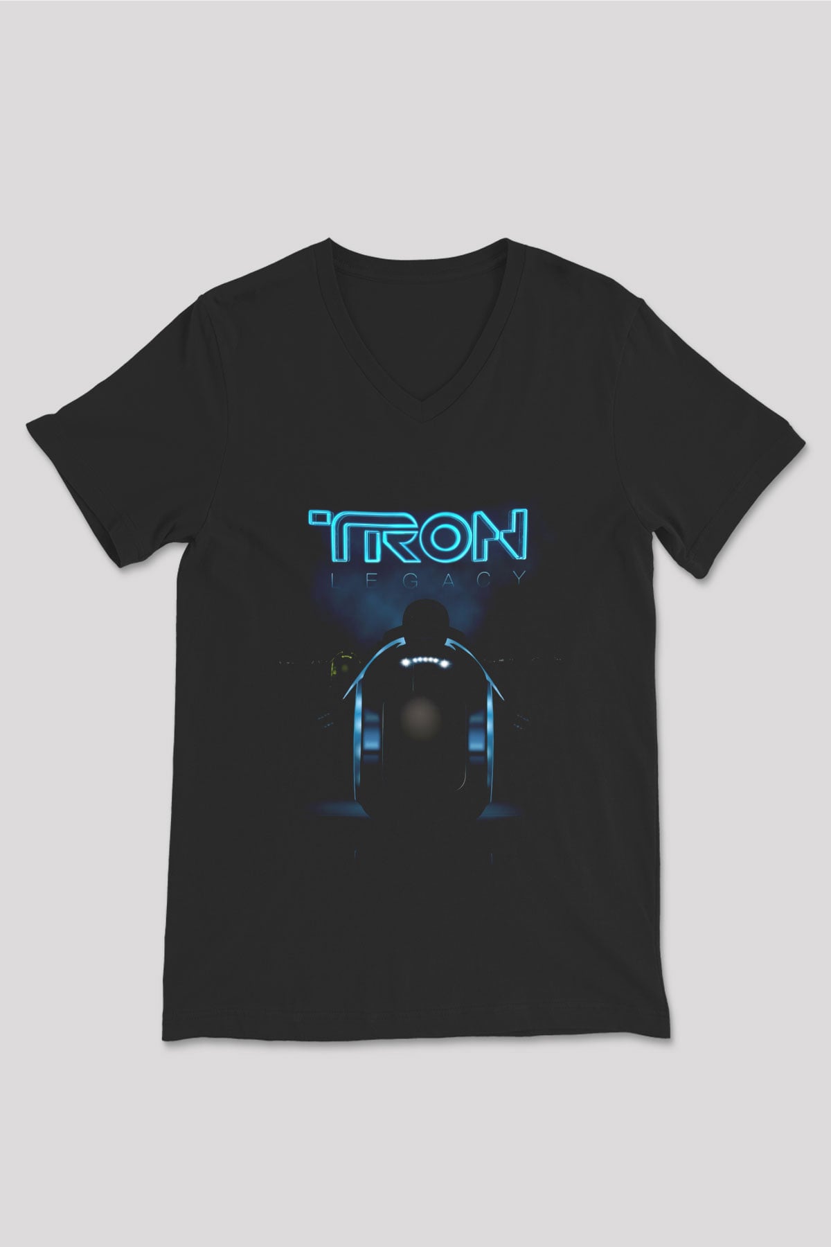 Unisex Tron Baskılı Siyah Unisex V Yaka T-shirt