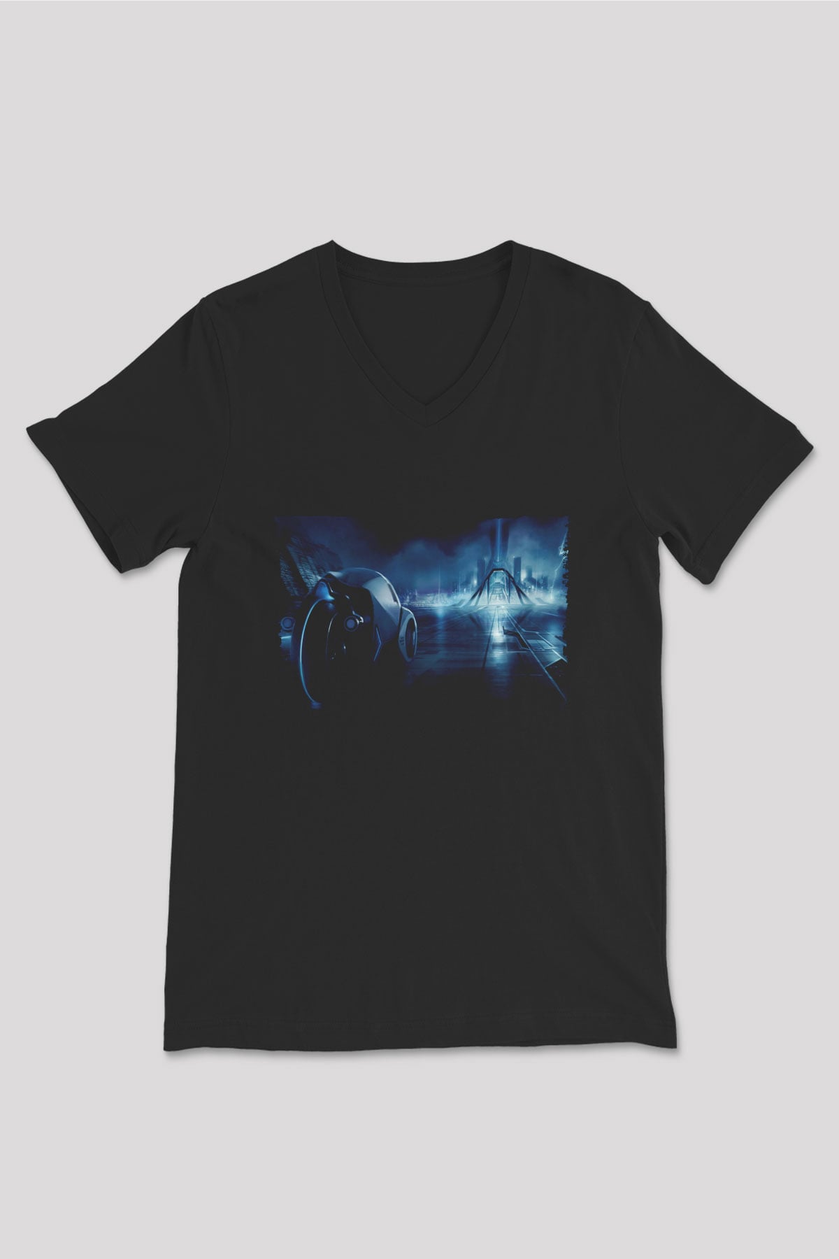 Unisex Tron Baskılı Siyah V Yaka T-shirt