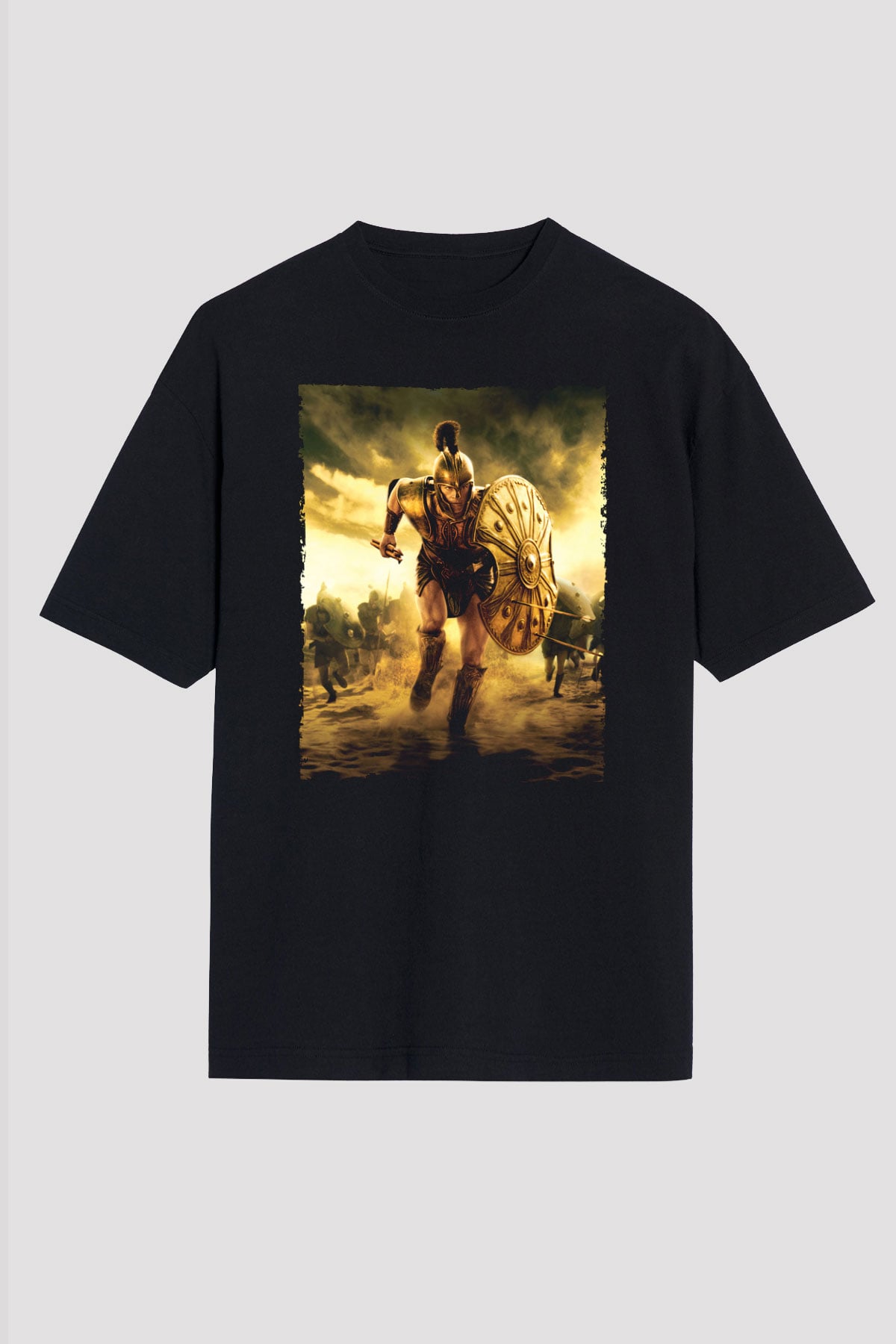 Unisex Truva (Troy) Baskılı Siyah Oversize Tshirt