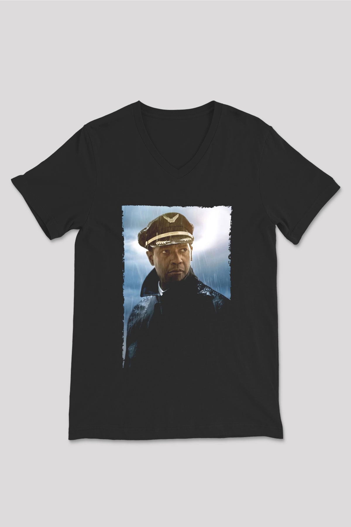 Unisex Uçuş (Flight) Baskılı Siyah V Yaka T-shirt