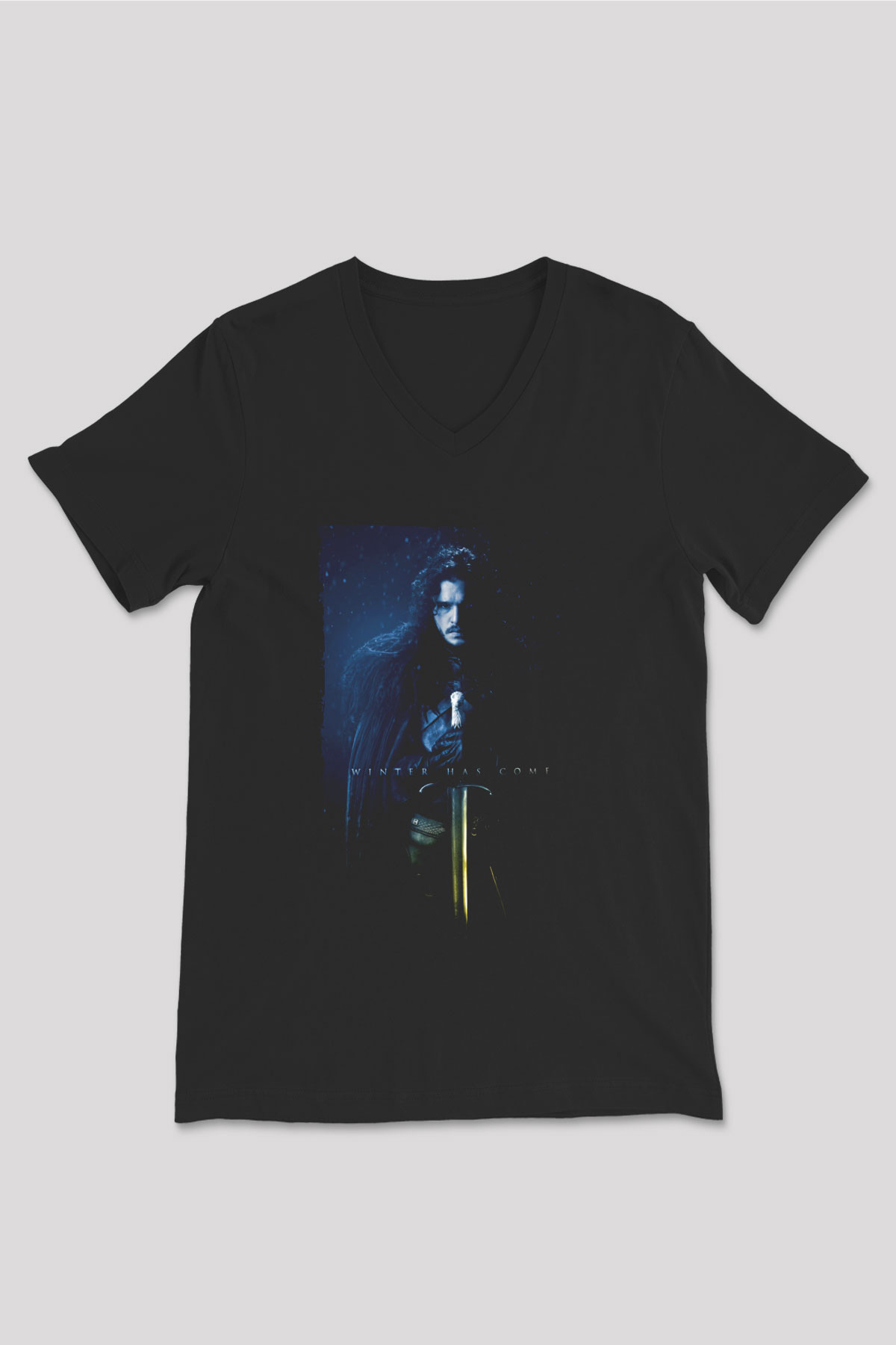 Unisex Unisex Game of Thrones Baskılı Siyah V Yaka Tshirt