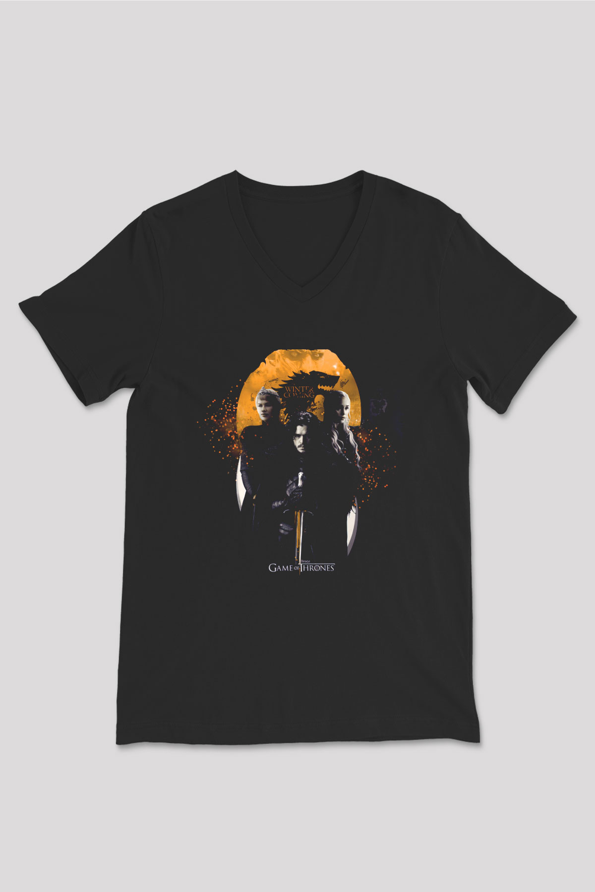 Unisex Unisex Game of Thrones Baskılı Siyah V Yaka Tişört
